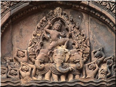 04-01-06 Banteay Srei --- Indra (king of gods) on a 3-headed elephant named Airavata.jpg