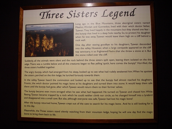 The legend of the Three Sisters (taken at a restaurant in Echo Point, Blue Mountains National Park)