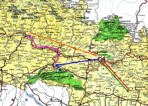 Route of Trip to Nepal