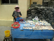 A stand selling cactus fruits and sea shells on Huching Isle