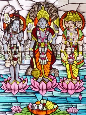 India 2007 - Day 3 --- 01-04 Birlar Lakshmi Narayan Temple, Jaipur (a glass window with 3 major Hindi gods).jpg