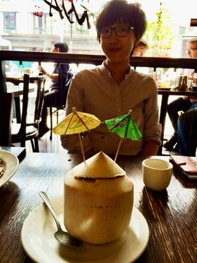 USA 2015 --- D04-01-01_NY - Having a coconut drink in a restaurant.JPG